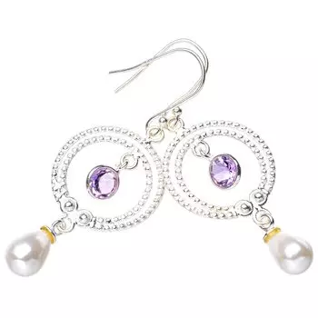 STARGEMS ® Серьги ручной работы из стерлингового серебра 925 пробы с натуральным речным жемчугом и аметистом 2,25 дюйма E5414