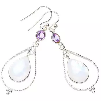 STARGEMS ® Серьги ручной работы из стерлингового серебра 925 пробы с натуральным лунным камнем и аметистом 2 дюйма E5613