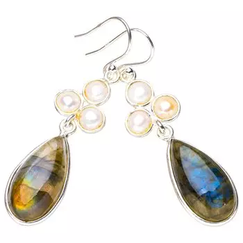 STARGEMS ® Серьги ручной работы из стерлингового серебра 925 пробы с натуральным лабрадоритом и речным жемчугом 2 дюйма E5724