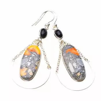 STARGEMS ® Серьги ручной работы из стерлингового серебра 925 пробы с натуральным брекчиевым мукаитом и черным ониксом 2,25 дюйма E1944