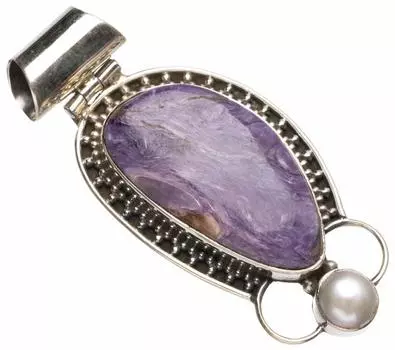 STARGEMS Уникальный кулон ручной работы из стерлингового серебра 925 пробы с натуральным чароитом и речным жемчугом 1 3/4 T1108