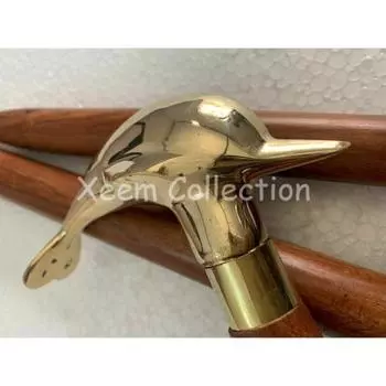 Старинная латунная ручка дельфина, деревянная трость, винтажная трость для рыбы, трость, дизайнерская трость