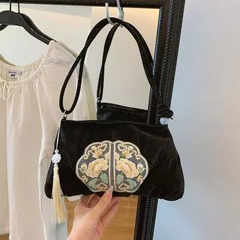 Старинная новая китайская вышитая нитками сумка женская сумка новый нишевый дизайн этнический стиль сумка почтальон популярная сумка через плечо чёрный