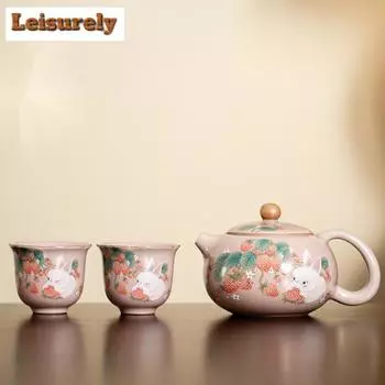 Старинная розовая чашка Ru Kiln с изображением клубничного кролика, 1 горшок, 2 чашки, китайский чайник для заваривания чая Xishi, набор для заваривания чая и чайных чашек, чайный сервиз Kung Fu