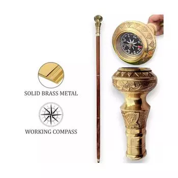 Старинная старинная латунь полированная ручка-компас, трость для ходьбы подарок