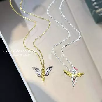 Старинное антикварное ожерелье «Летящий поцелуй» с маленьким ангелом, 3D-дизайном, с бриллиантами, красными корундовыми крыльями ангела, женское