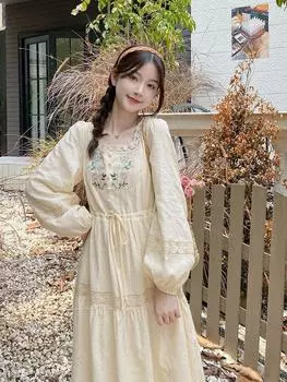 Старинное платье осеннее женское ретро французское нишевое платье Platycodon Grandiflorum Tea Break с высокой талией осенняя длинная юбка 2024 года, новинка. S бежевый