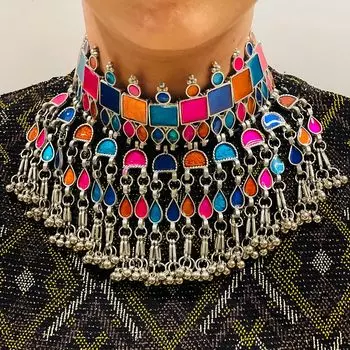 Старинное серебряное оксидированное племенное тибетское афганское богемное ювелирное колье-колье с каплями и эмалью Минакари для женщин и девочек