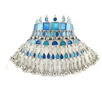 Старинное серебряное оксидированное племенное тибетское афганское богемное ювелирное изделие с эмалью Минакари для женщин и девочек (Афганское колье Turq Blue Multi)