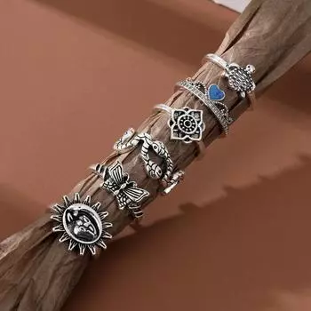 Старинное серебряное винтажное кольцо из 6 предметов, мужские и женские кольца со змеиным цветком, солнцем, бабочкой и черепахой, готический панк, эффектные ювелирные изделия, аксессуары для вечеринок серебряный