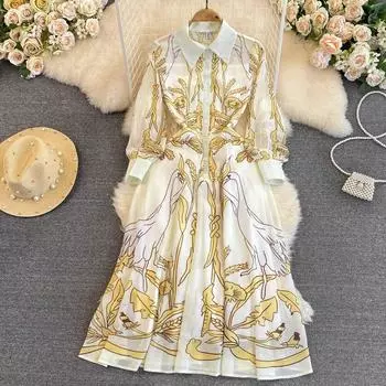 Старинное винтажное элегантное платье с длинными рукавами и лацканами на талии, тонкое элегантное платье с принтом