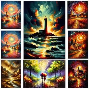 Старинное здание Пейзаж Маяк Насыщенный цвет Абстрактное граффити Искусство Плакат Печать Картина на холсте Современная настенная живопись Домашний декор 30x45CM No Frame