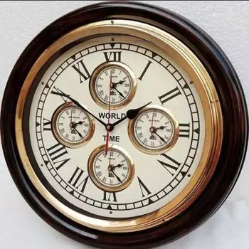 Старинные деревянные настенные часы с индикацией мирового времени – 5 часовых поясов стран, цельное латунное кольцо, 40,64 см как