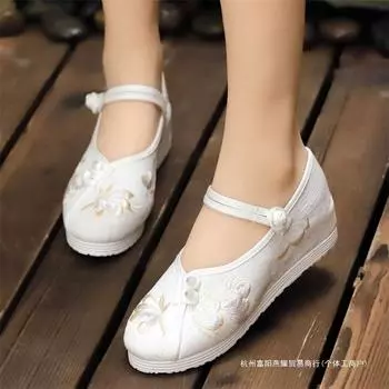 Старинные пекинские туфли из ткани, женские туфли на скошенном каблуке, ретро-обувь в этническом стиле, китайские туфли-чонсам с вышивкой, увеличивающие внутреннюю высоту, повседневные туфли ханьфу 34
