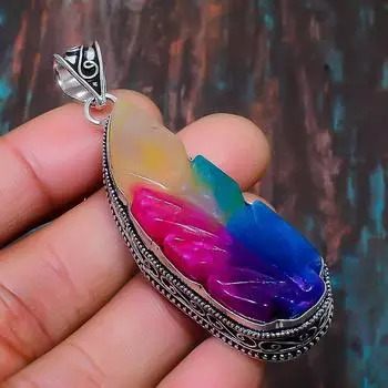 Старинные радужные солнечные кварцевые драгоценные камни ручной работы 925 пробы Серебряный кулон ювелирные изделия для подарка на Рождество 2.17 Inches розовый