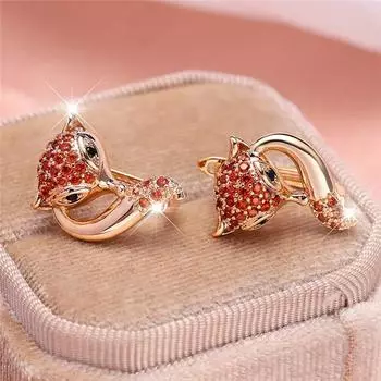 Старинные золотые серьги-кольца с лисой для женщин, изысканные серьги-клипсы с красным цирконием, винтажные украшения с животными золотой