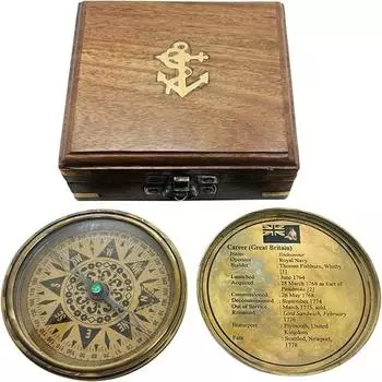 Старинный латунный корабельный компас HMS Endeavour, июнь 1764-1778 гг., с деревянной коробкой