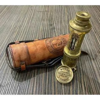 Старинный латунный ручной телескоп с кожаным футляром 17 дюймов DOLLOND LONDON 1920