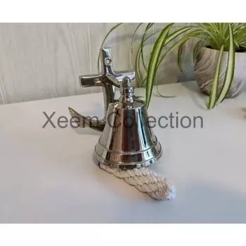 Старинный серебряный 4,5-дюймовый анкерный настенный морской судовой колокол с узловым волокнистым молотком