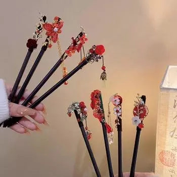 Старинный стиль Красная роза бахрома шпилька Винтажная китайская шпилька головной убор ретро красная палочка для волос для женщин 02