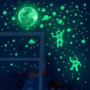 Starry astronaut luminous wall sticker Cartoon Rabbit Star Spaceship Nightglow Sticker Decorative stickers for children s rooms