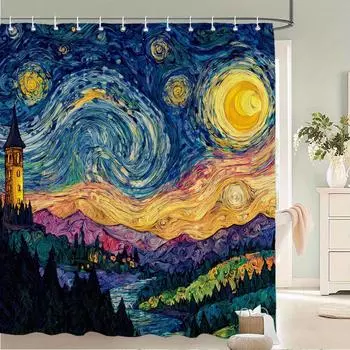 Starry Night Landscape Waterproof Mildew-Resistant Shower Curtain - Artistic Design for a Unique Bathroom Dcor Experience W90XH180cm