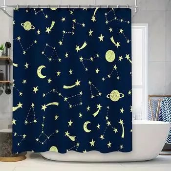 Starry Night Space Shower Curtain Constellation Pattern Print Bathroom Decor Waterproof Fabric for Bathtub Size 180x240cm (Blue) 90x180cm
