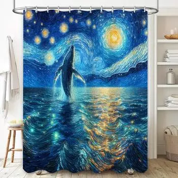 Starry Night Whale Shower Curtain Inspired By Van Gogh Artwork Add A Touch Of Magic To Your Bathroom Decor Complimentary hook 90X180cm(35x70in)