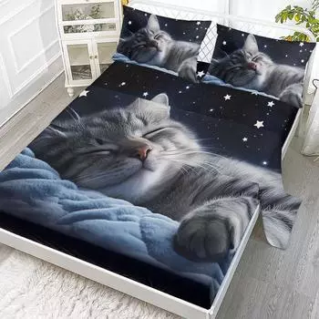 Starry Sky Cat 4-Piece Set, Cute Kitten Helps Sleep, Including 1 Bed Sheet, 1 Duvet Cover, 2 Pillowcases (Pets, Life) 99cmx199cm