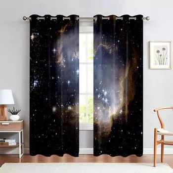 Starry sky theme curtain Meteor planet cosmic space, a set of two pieces, home bedroom living room curtain 50W130H(CM)X2PCS&Grommet Top