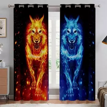 Звездное небо, вода, огонь, волк, симметричная 3D-печать, занавеска для спальни, гостиной, кабинета, кухни, украшения для дома, 2 шт. W50xH140(CM)x2PCS&Rod pocket