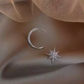 Stars Moon 925 Pure Silver Internet Hot Elegant Earrings for Women Silver ~ Star Moon