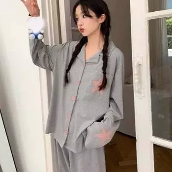 Stars Pajamas Women Y2K Long Sleeves Pajamas Cute Two Pieces Nightwear Girl M