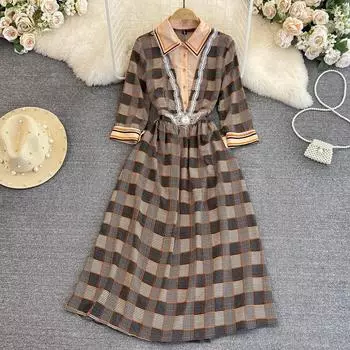 Старшее чувство ретро-темперамента, ложное элегантное платье из двух частей с семиточечным рукавом и лацканами на талии, облегающее элегантное платье в клетку M темно серый