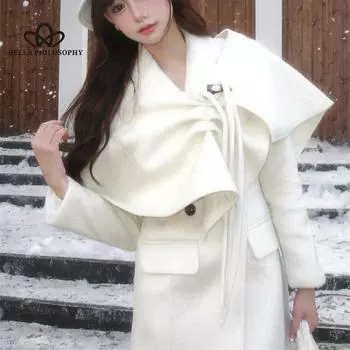 Старший шаль осень и зима новый свободный теплый длинный твидовый жакет из двух частей женский повседневный стиль длинное пальто S белый