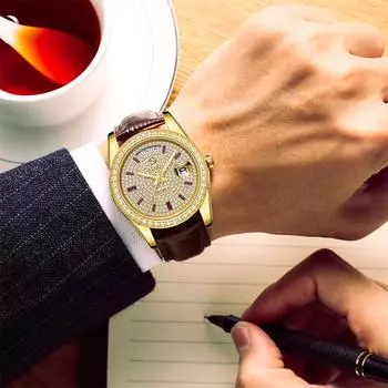 START-Gypsophila Часы Модные мужские часы с бриллиантовым циферблатом Автоматические механические часы Кожаные часы Водонепроницаемые часы с функцией даты и недели серебряный