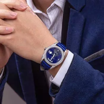 START-Лазурит Мужские часы с бриллиантами Часы с функцией недели Автоматические механические часы с пряжкой-бабочкой Ремешок из кожи аллигатора серебряный