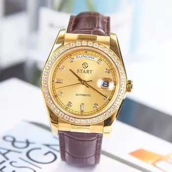 START-Мужские автоматические механические часы с бриллиантовым циферблатом, кожаные часы, водонепроницаемые, с функцией даты и недели, золотые часы серебряный