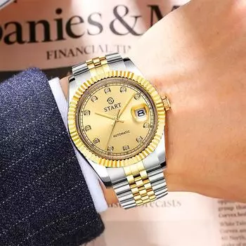 START-Мужские часы с бриллиантовым циферблатом, автоматические механические часы, водонепроницаемые часы с функцией календаря, золотые часы золотой