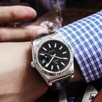 START-Мужские часы со светящейся шкалой, автоматические механические часы, водонепроницаемые часы, функция календаря, ремешок с пряжкой-бабочкой 01 чёрный