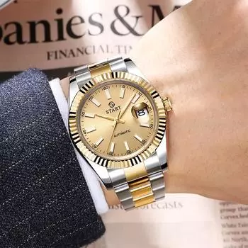 START-Мужские механические часы с функцией календаря, водонепроницаемые часы, золотистые часы со светящейся шкалой и циферблатом золотой