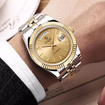 START-мужские водонепроницаемые часы, автоматические механические часы, римские цифры, металлические часы, дата, неделя, функция 01 серебряный