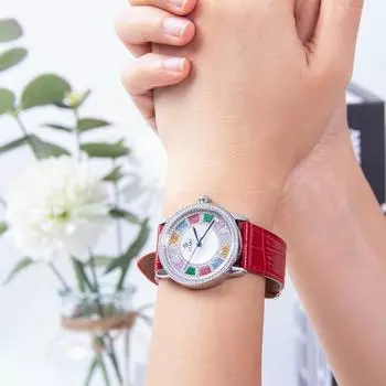 СТАРТ-Женские часы Модные тенденции Кварцевые часы Цветной бриллиантовый циферблат Кожаные часы Розовое золото красный/серебряный
