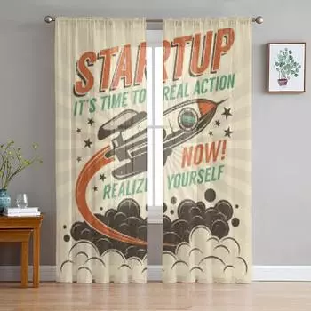 Стартап Ракета Ретро постер винтажные шифоновые прозрачные шторы для гостиной, спальни, украшения, оконная вуаль, тюлевая занавеска 135W x 114H(cm)