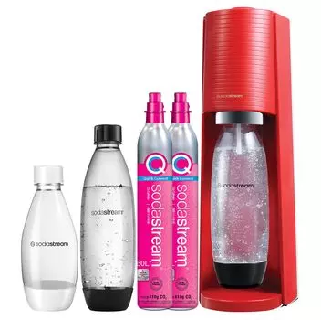 Стартовый комплект Soda Stream TERRA, специальный пакет. Красный корпус машины. Комплект из 2 баллонов по 60 л, 3 бутылей и устройства для приготовления газированной воды. Электропитание не требуется. Нет красный