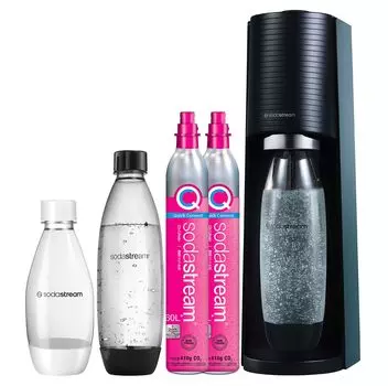 Стартовый комплект Soda Stream TERRA, специальный пакет. Черный корпус машины. Комплект из 2 баллонов по 60 л, а также 3 бутылей и устройства для приготовления газированной воды. Электропитание не требуется. Нет чёрный