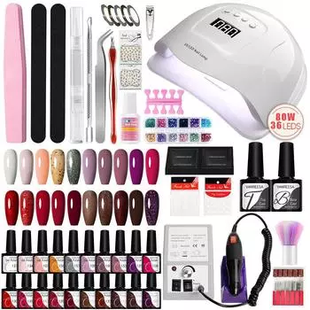Стартовый набор для ногтей VANREESA, 80 Вт, мощная лампа для ногтей с 20 шт., набор цветных гель-лаков для ногтей, фреза для ногтей, инструменты для дизайна ногтей для красоты ногтей