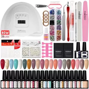 Стартовый набор геля для ногтей PHOENIXY с УФ-светодиодной лампой для ногтей 80 Вт и чистым гель-лаком, маникюрная дрель для ногтей, инструменты для дизайна ногтей