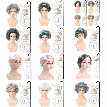 Старушка парик набор женский косплей парик набор серебристо-белый бабушкин парик короткий кудрявый бабушкин парик очки Silver-gray curly