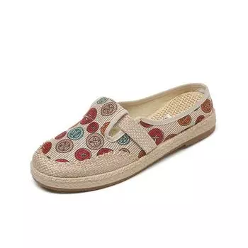 Старые пекинские тканевые туфли женские новые этнические полушлепанцы льняные повседневные туфли для мамы мягкая подошва повседневная домашняя обувь 35
